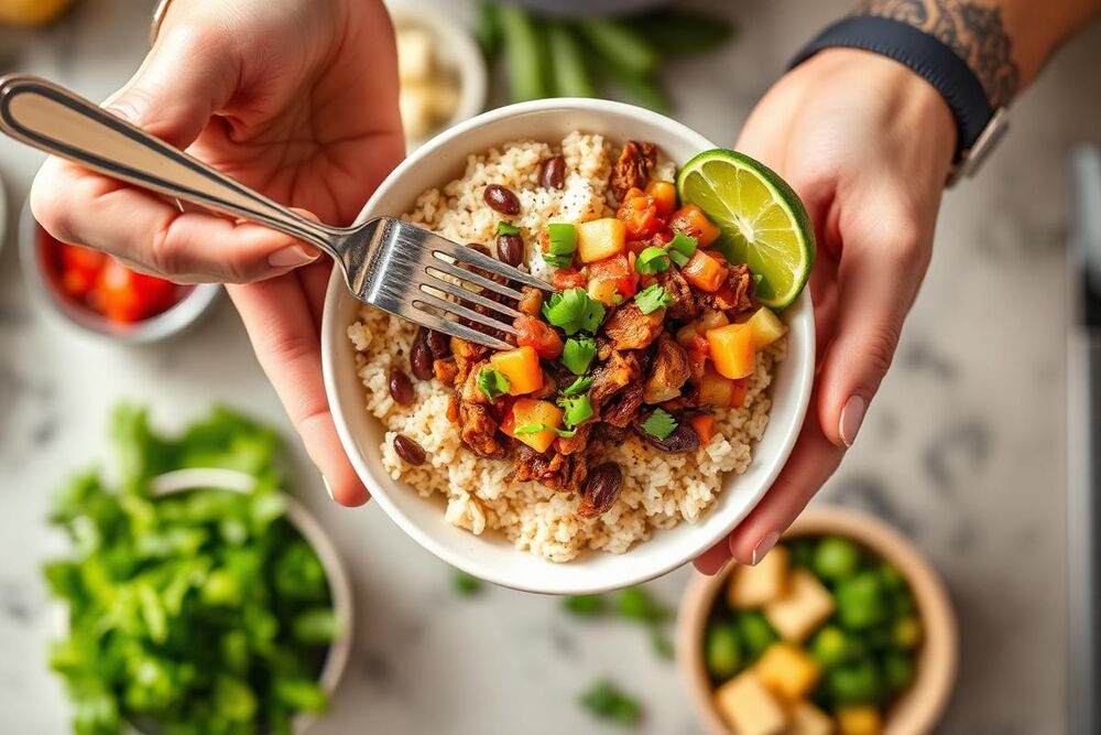 Holding a Chipotle-style burrito bowl with rice, beans, barbacoa and salsa