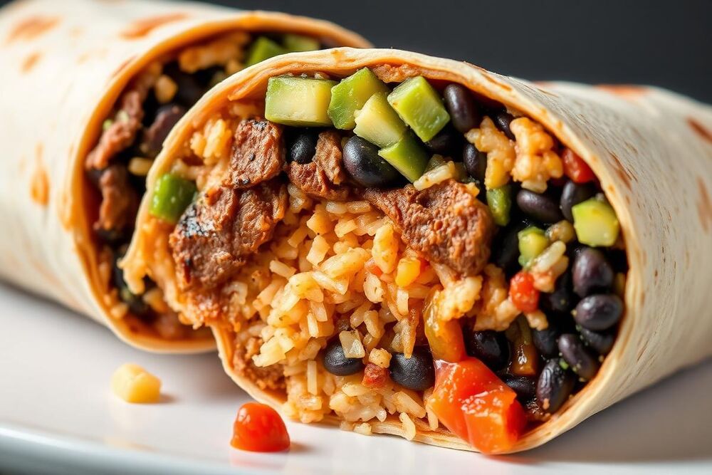 Cross-section of a Chipotle-style burrito showing rice, beans, steak and vegetables