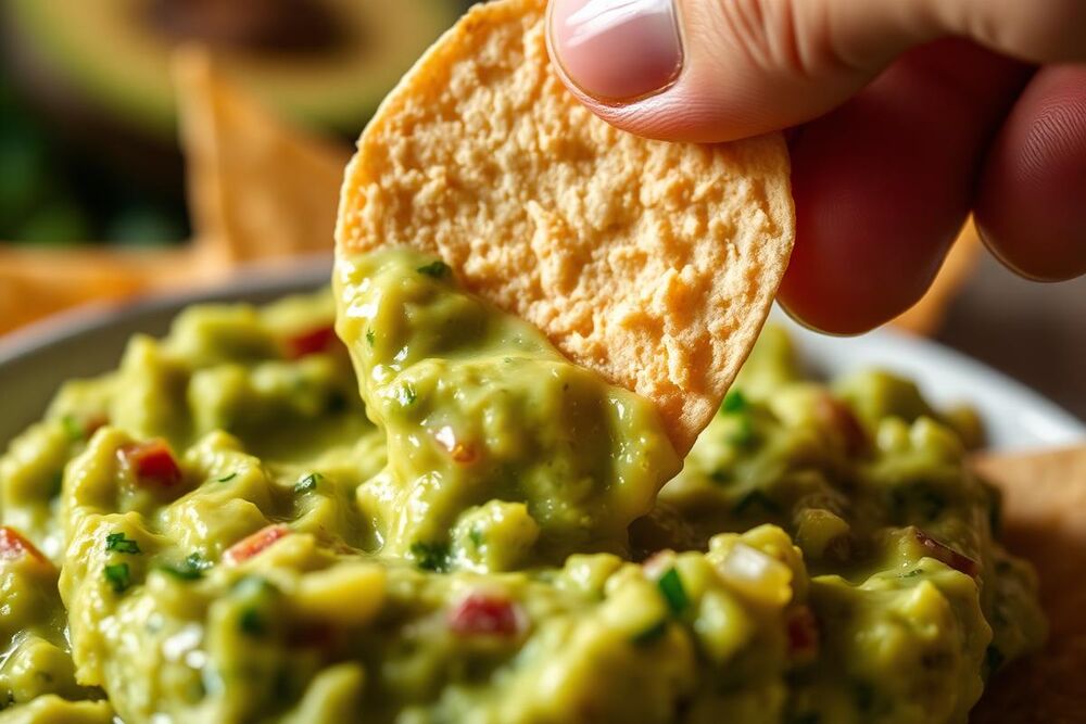 Tortilla chip being dipped into fresh guacamole