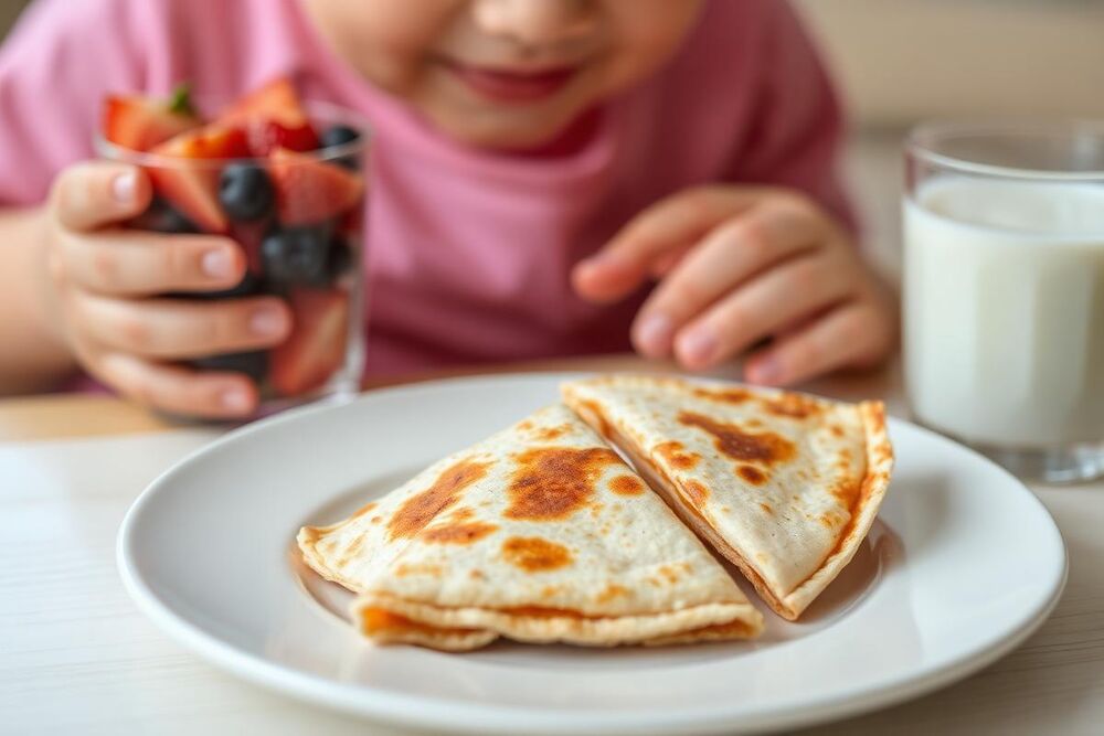 Child eating a small cheese quesadilla with fruit and milk