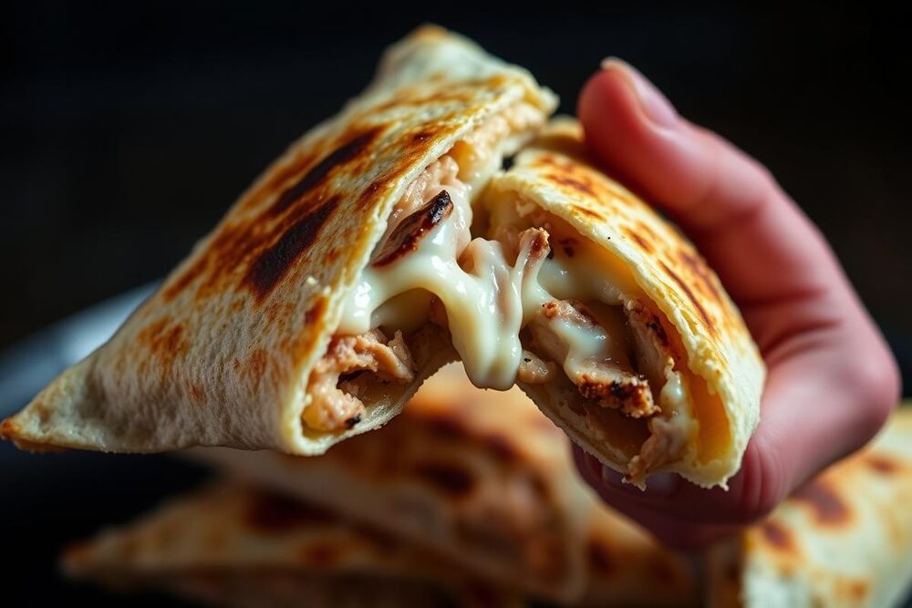 Grilled quesadilla with melted cheese pulling apart