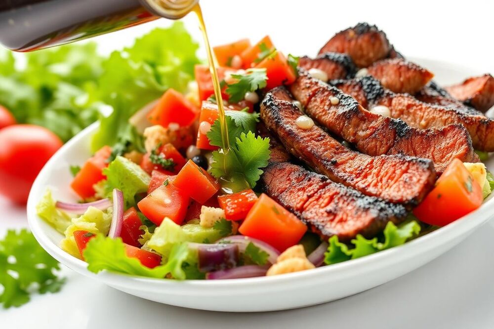Mexican-style salad with steak and vinaigrette being drizzled on