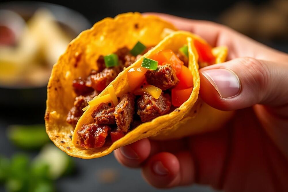 Crispy taco held up close with steak filling and salsa
